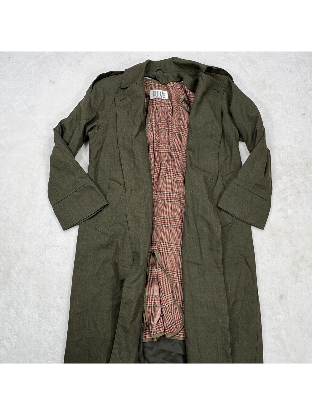 Bill Blass Signature Wool Trench Coat Olive Green Zip Out Plaid Liner USA Long